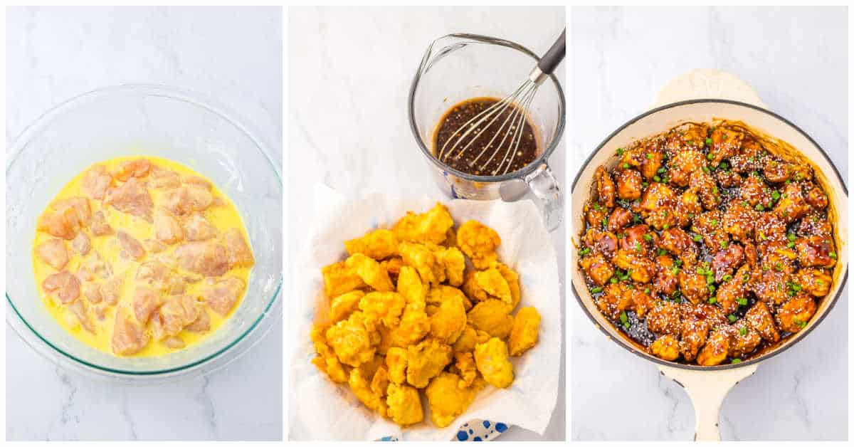 Collage of marinating the chicken and cooking it in a pan.