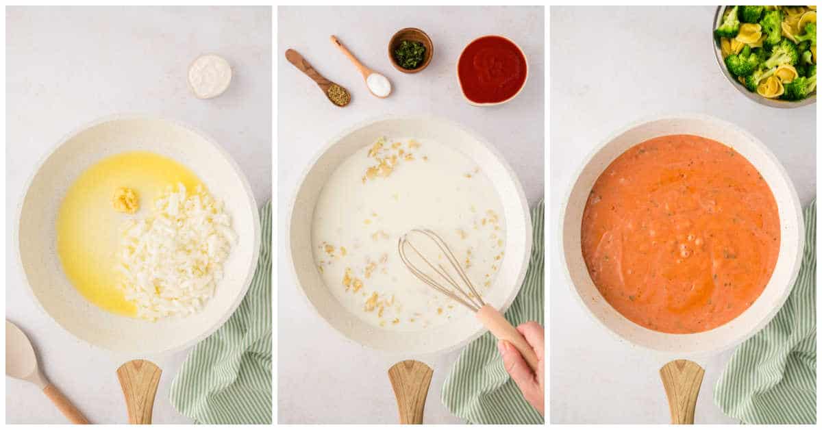 Collage of making the sauce in a pot.