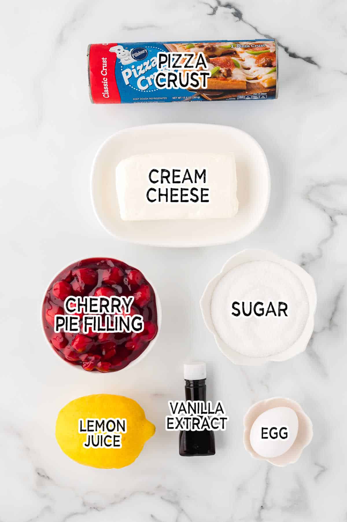 Ingredients to make cherry cheesecake pizza.