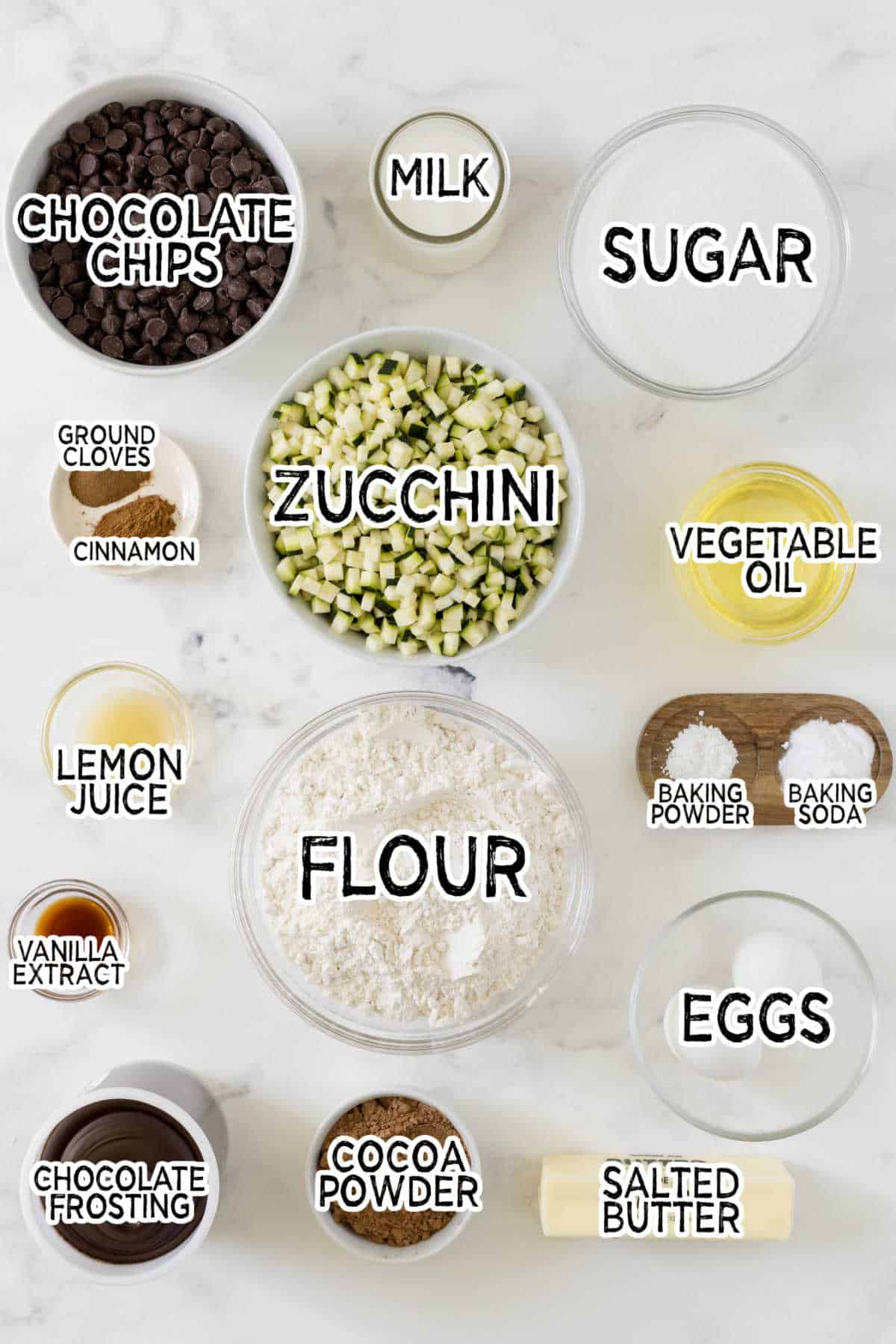 Ingredients to make chocolate zucchini cake.
