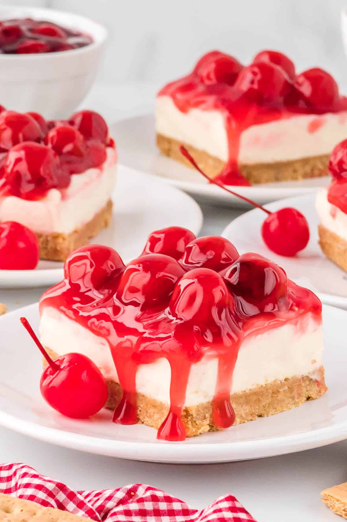 A slice of cheesecake on a plate.