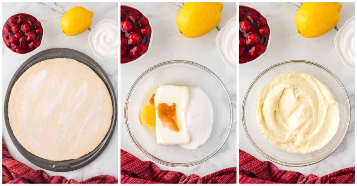 Steps to make cherry cheesecake pizza.