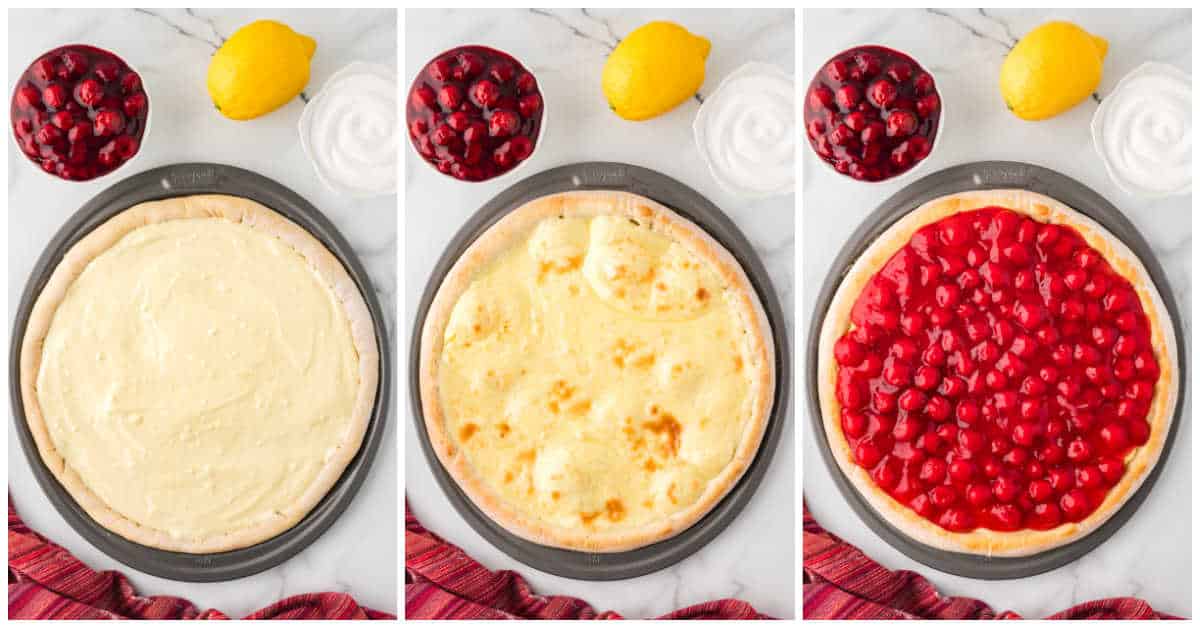 Steps to make cherry cheesecake pizza.