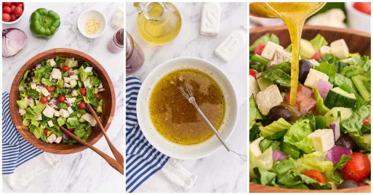 Collage of adding the ingredients to a bowl and making the vinaigrette.