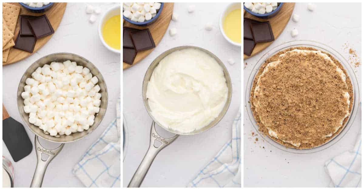 Collage of melting the marshmallows, mixing the ingredients and preparing the pie.