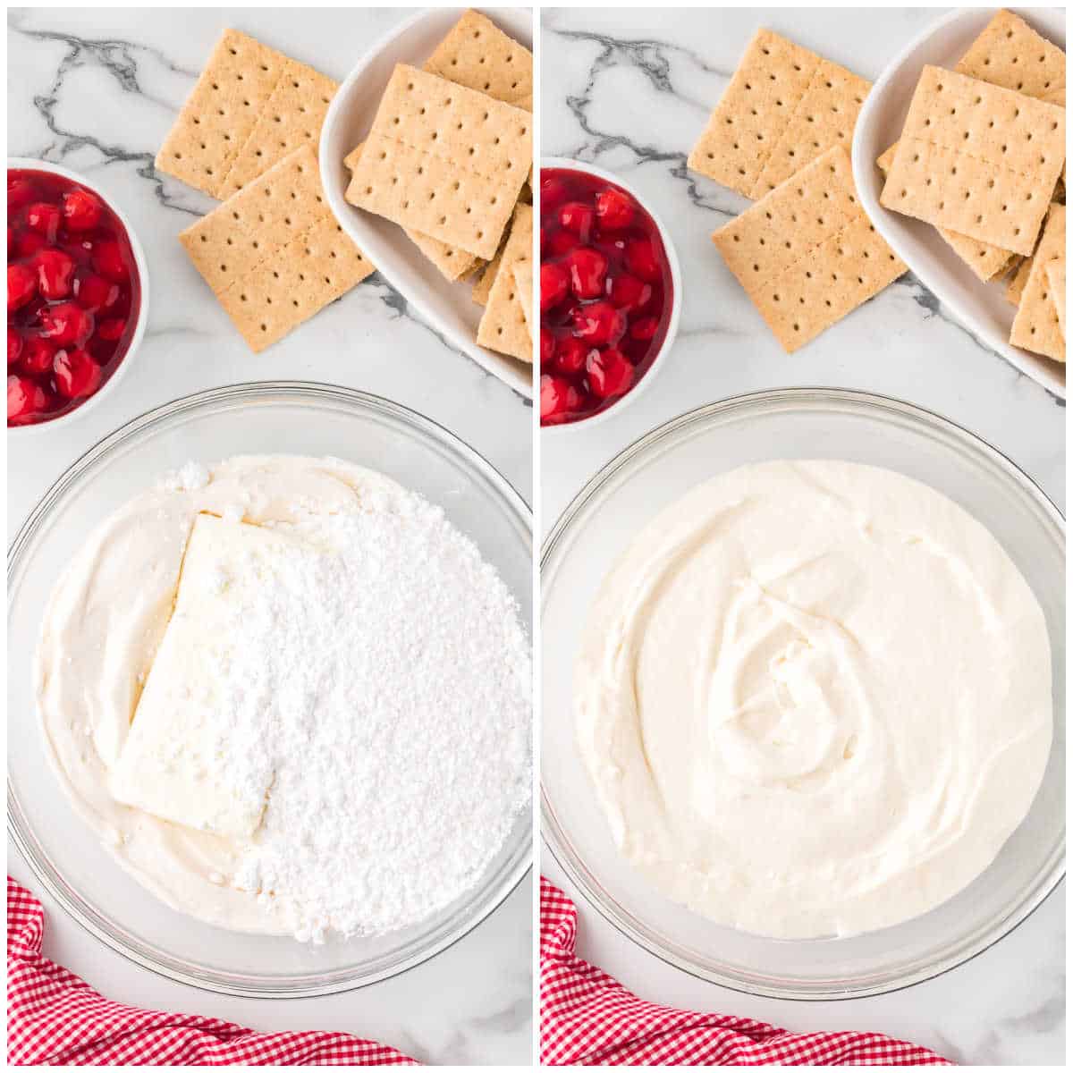 Collage of making the filling in a bowl.