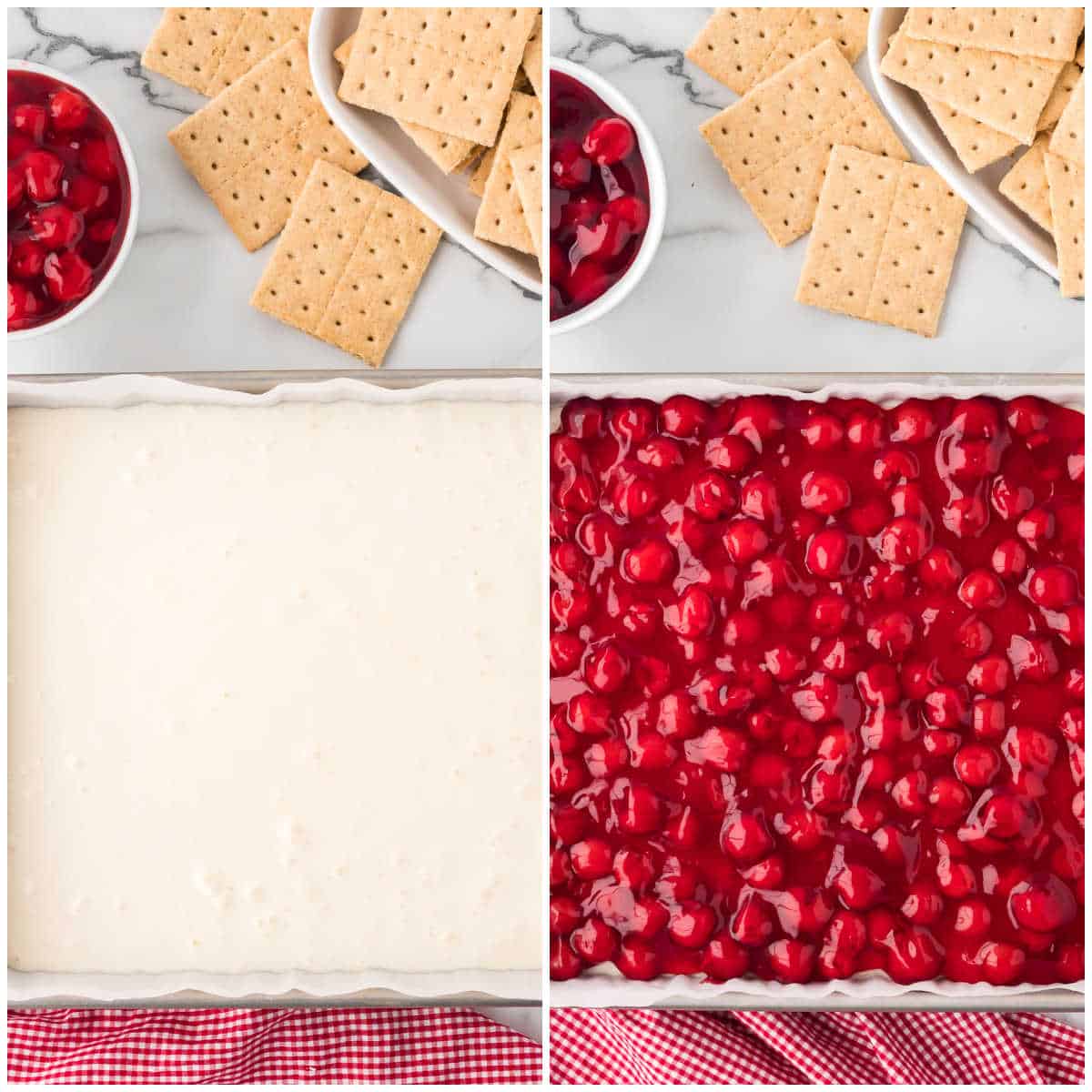 Collage of adding the filling and topping to a pan.