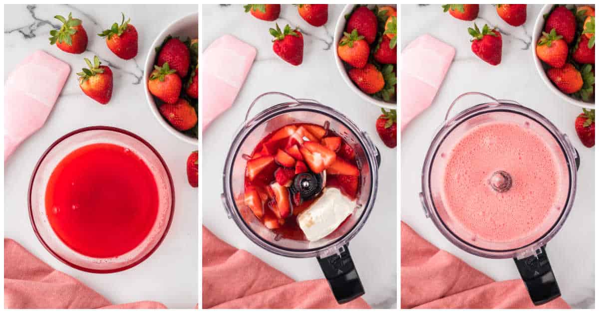 Collage of mixing ingredients the ingredients in a blender.