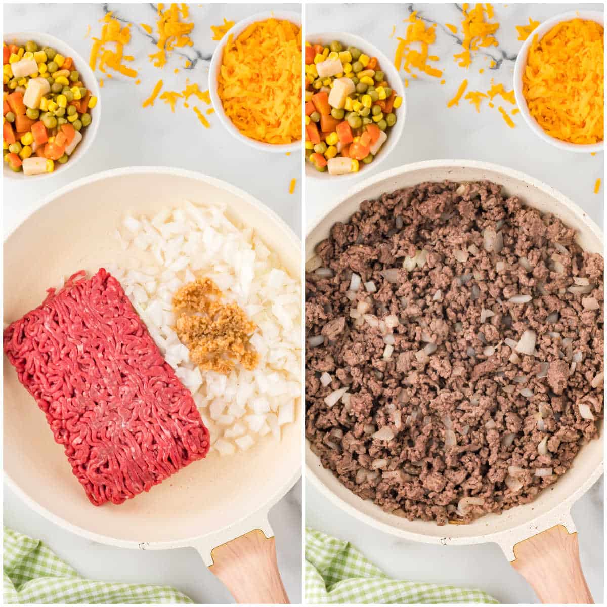 Collage of cooking the ground beef, garlic and onions in a pan.