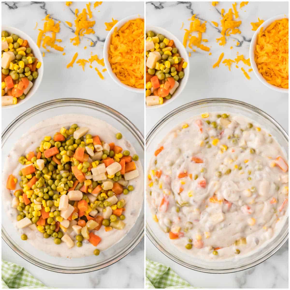 Collage of mixing the veggies and soup in a bowl.