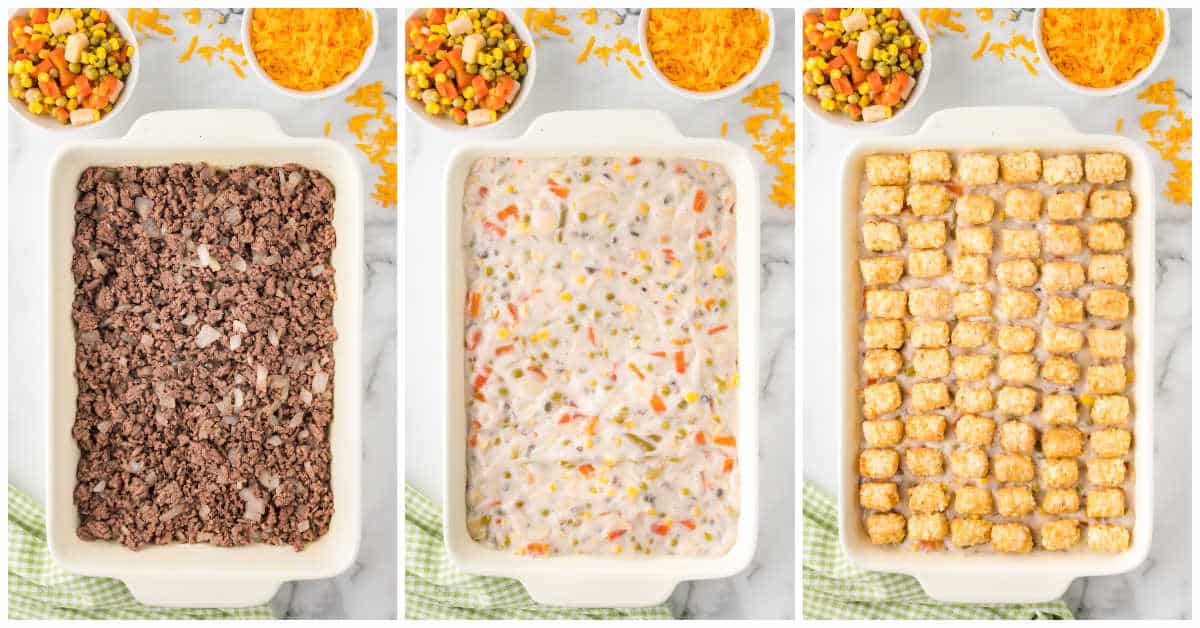 Collage of assembling the casserole.