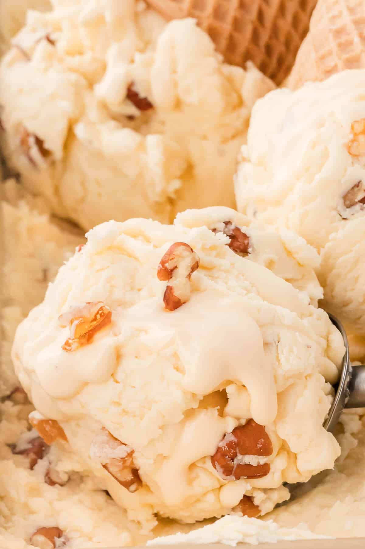Maple pecan ice cream in an ice cream scoop.