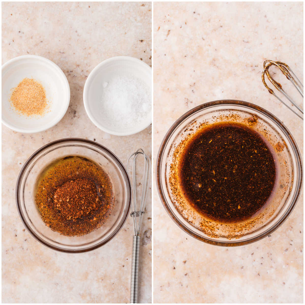 Collage of mixing the marinade in a bowl.