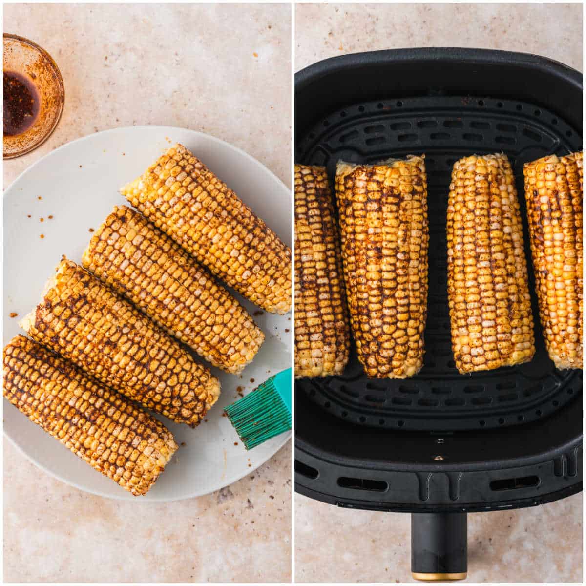 Collage of air frying the recipe.