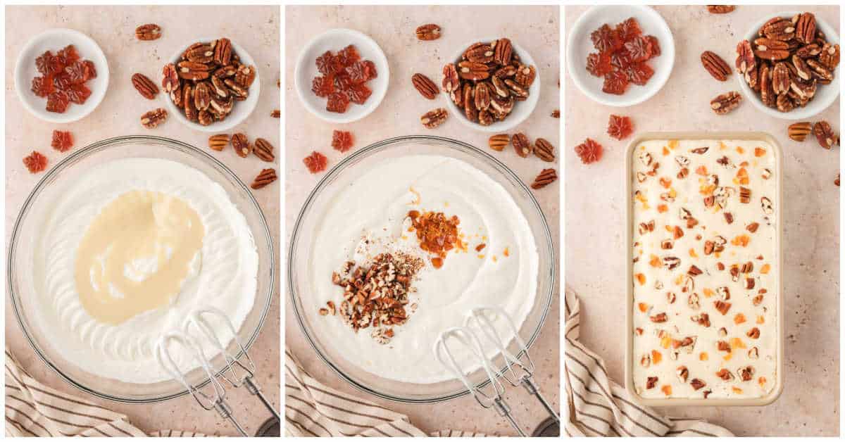 Steps to make no-churn maple pecan ice cream.
