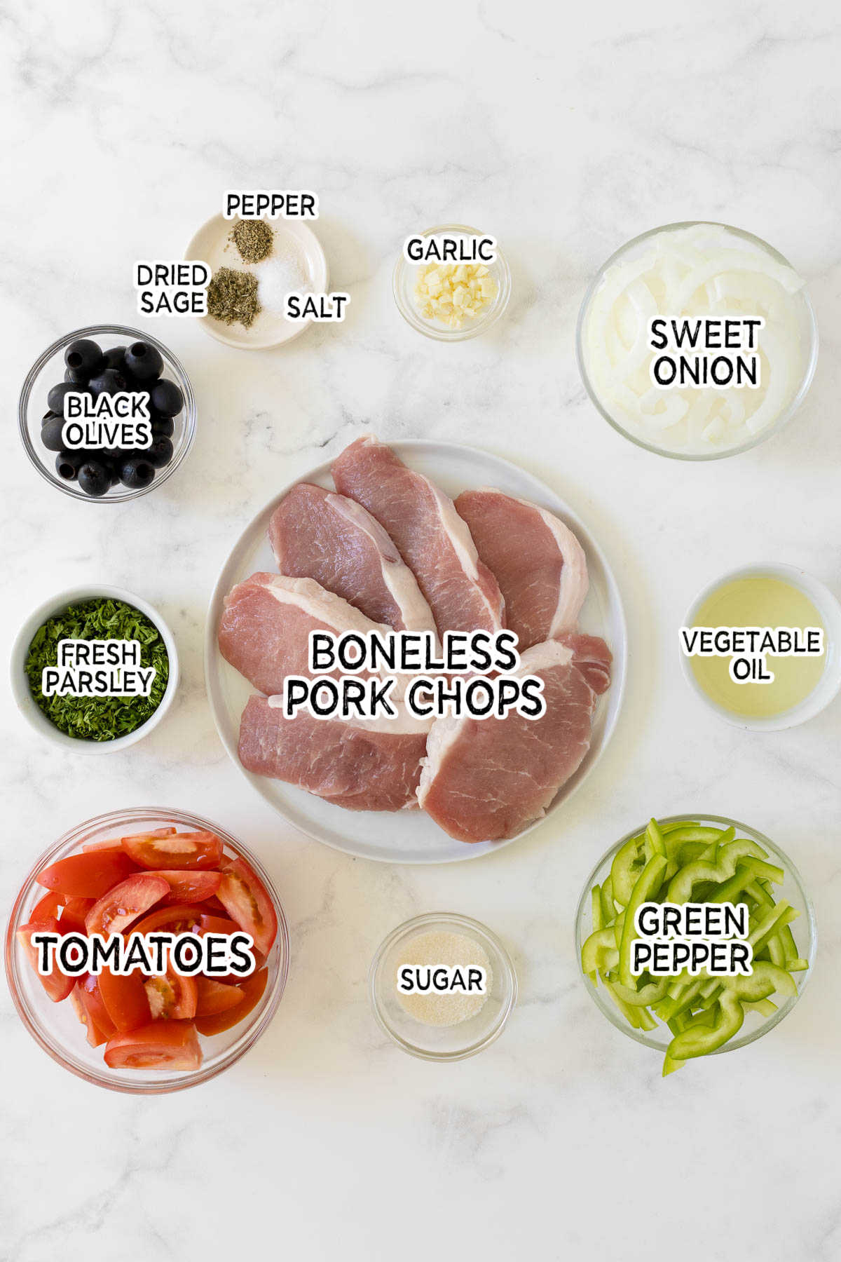 Savory pork chops ingredients.