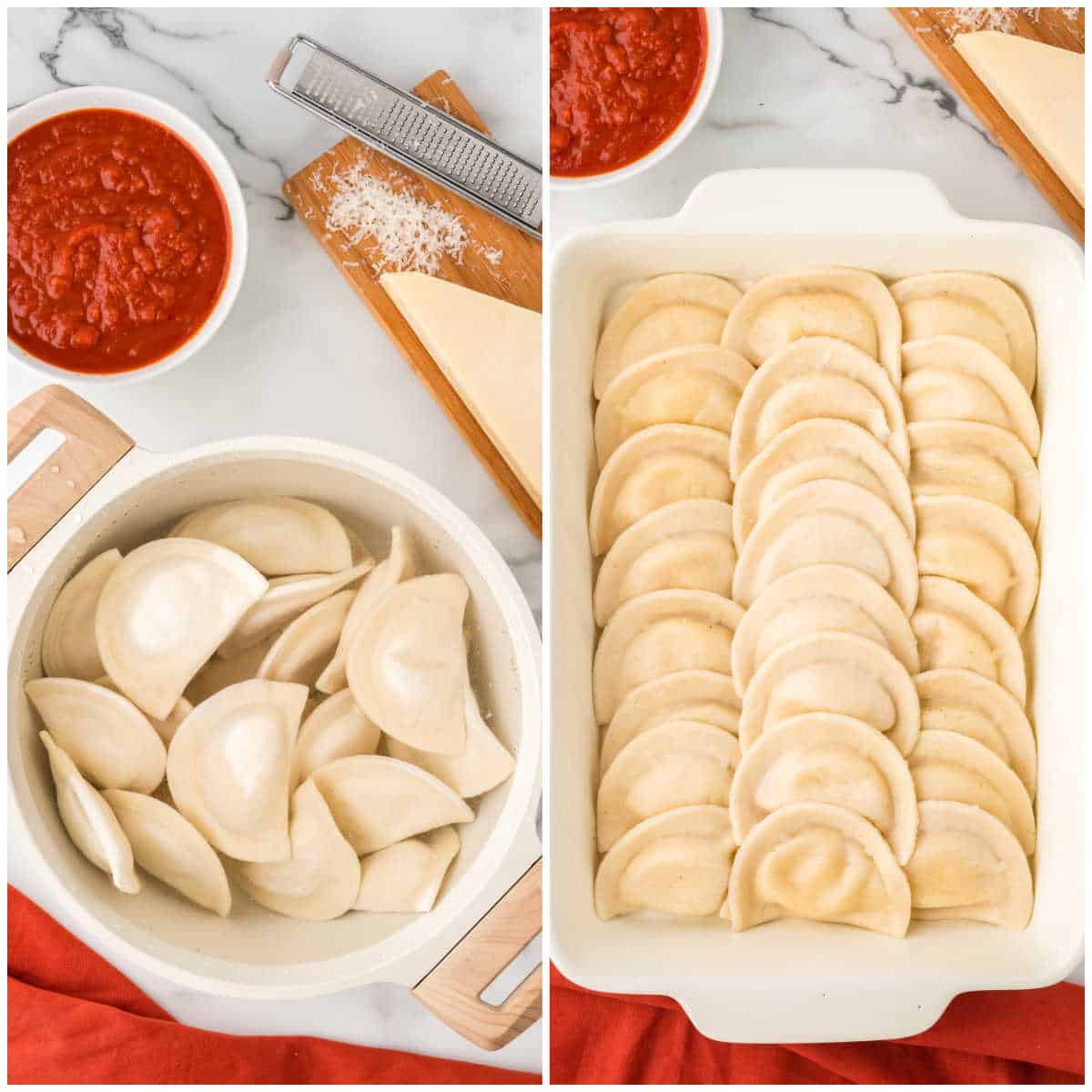 Collage of preparing the pierogies for the casserole.