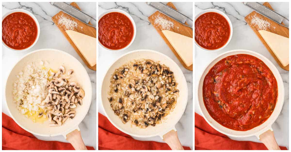 Collage of preparing the sauce for the casserole.