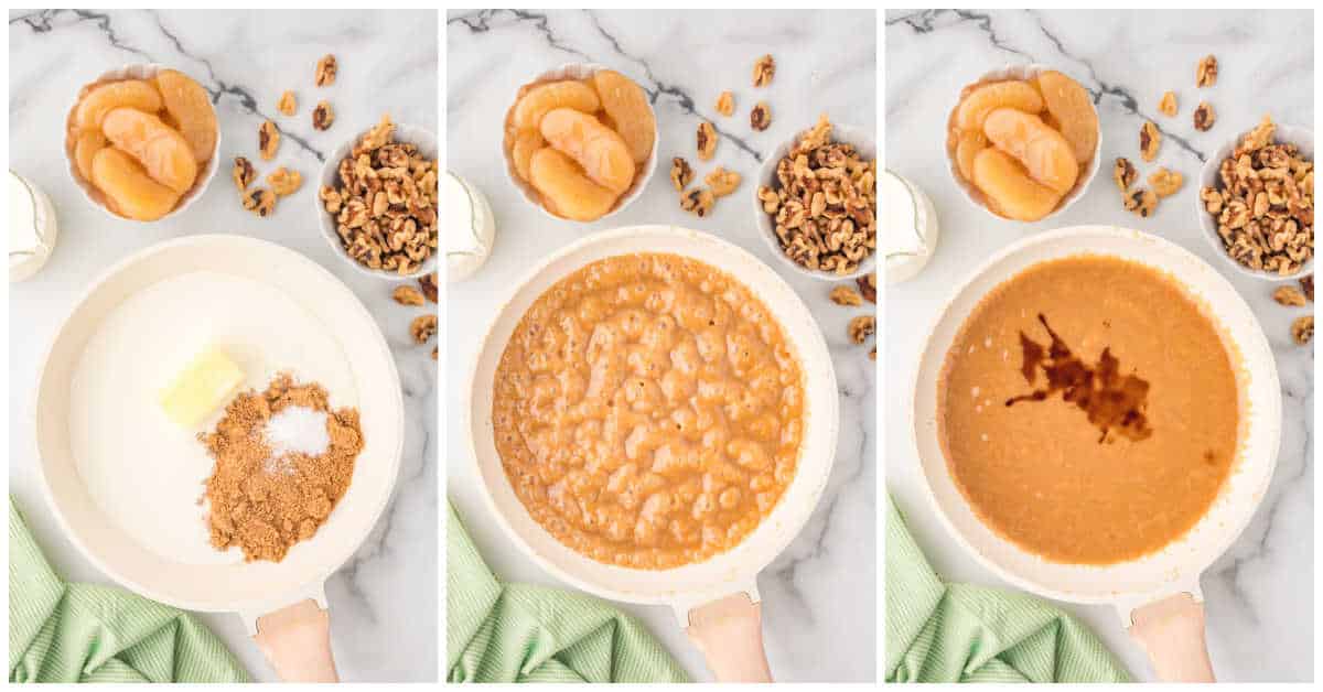Collage of preparing the butterscotch sauce.