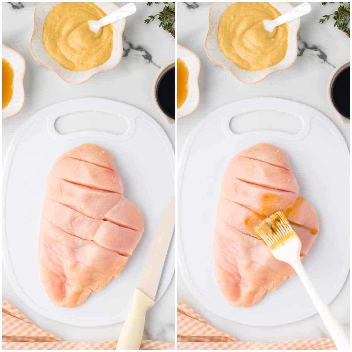 Collage of preparing the chicken and adding the marinade.