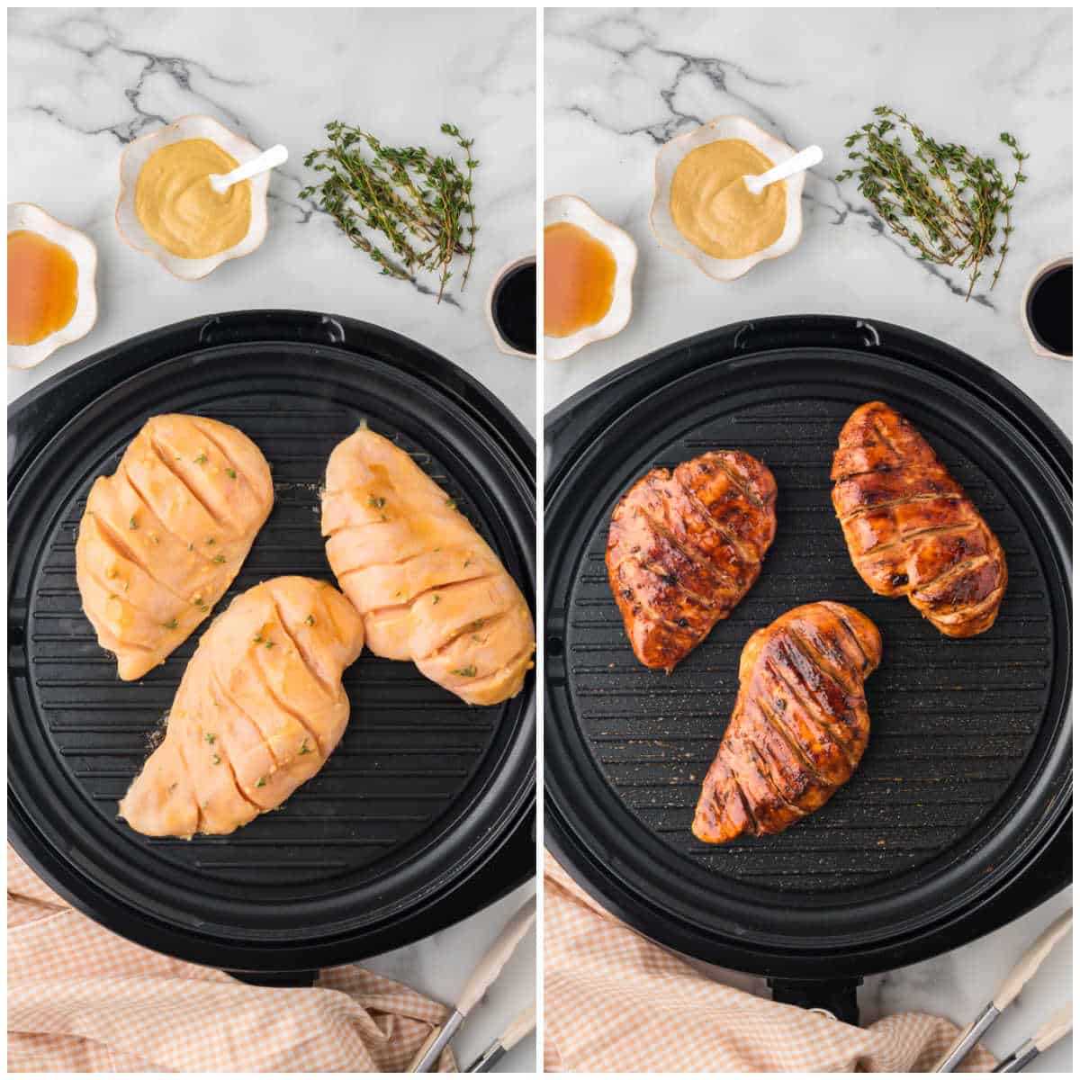 Collage of grilling the chicken breasts.