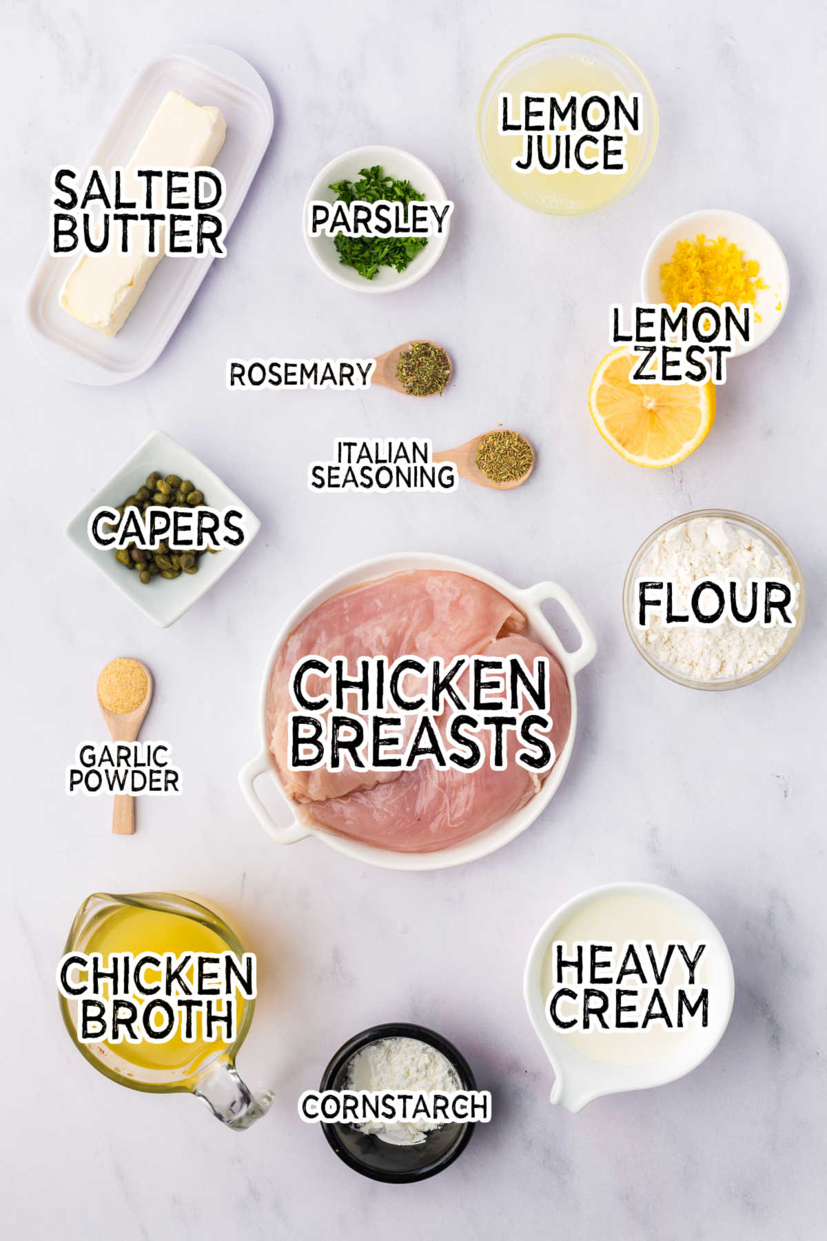 Ingredients on a white counter.