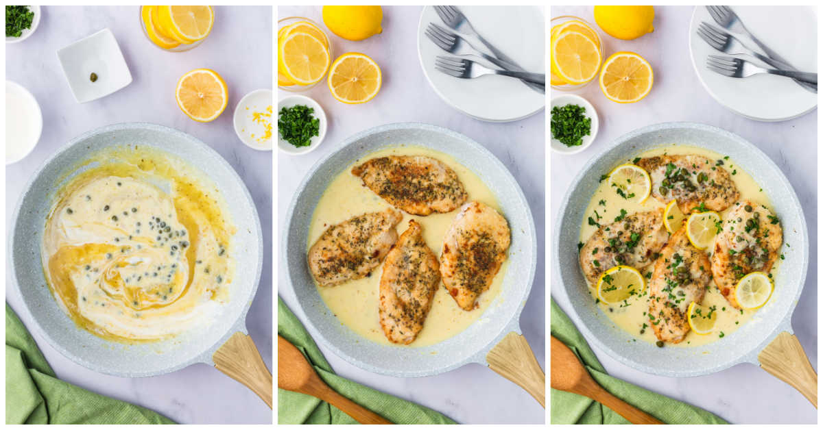 Collage of assembling the dish in the skillet.