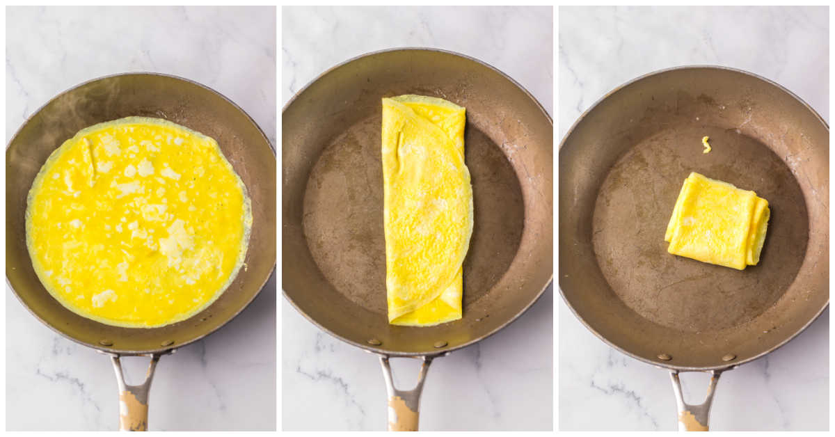 Collage of making the folded egg.