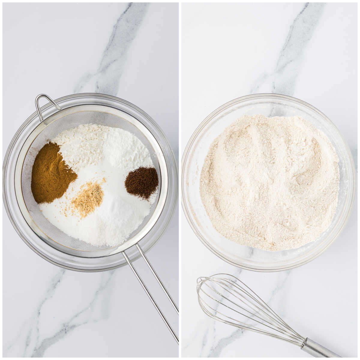 Collage of sifting the dry ingredients into a glass bowl.