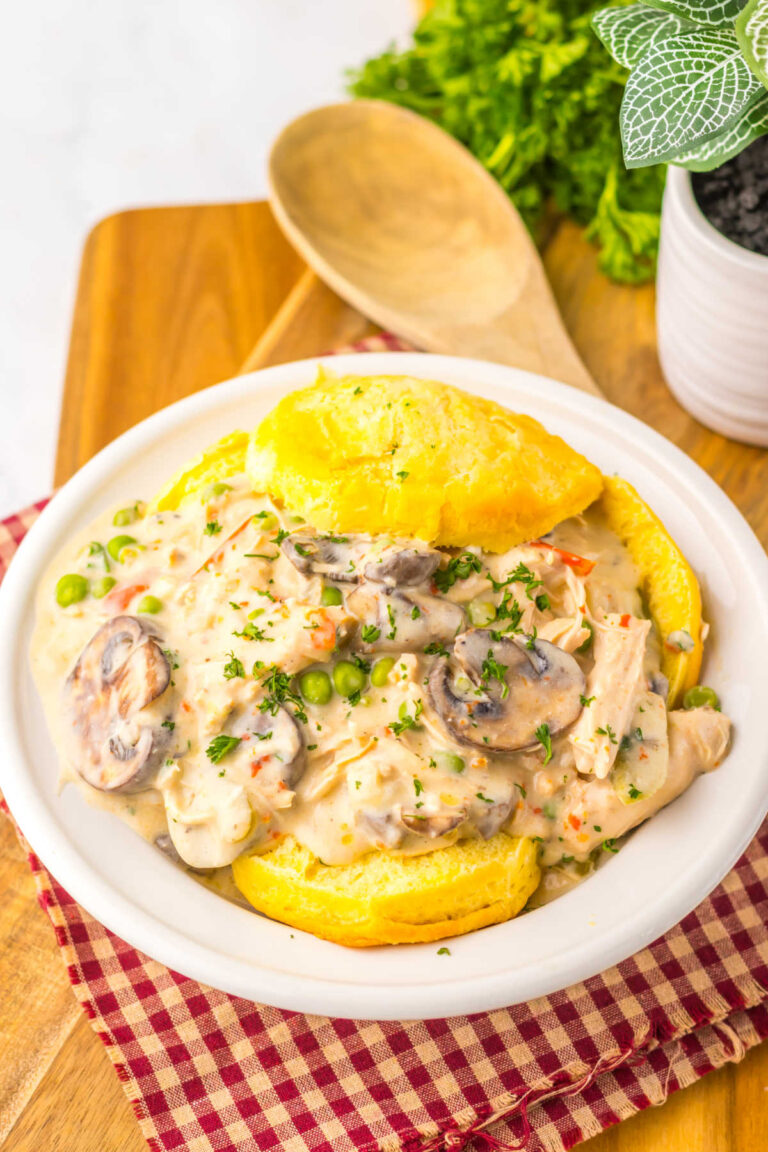 The recipe served on a plate of biscuits.