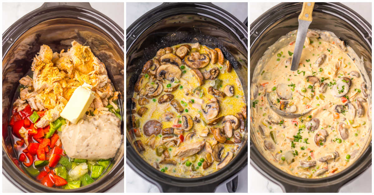Collage of making the recipe in a black Crockpot.
