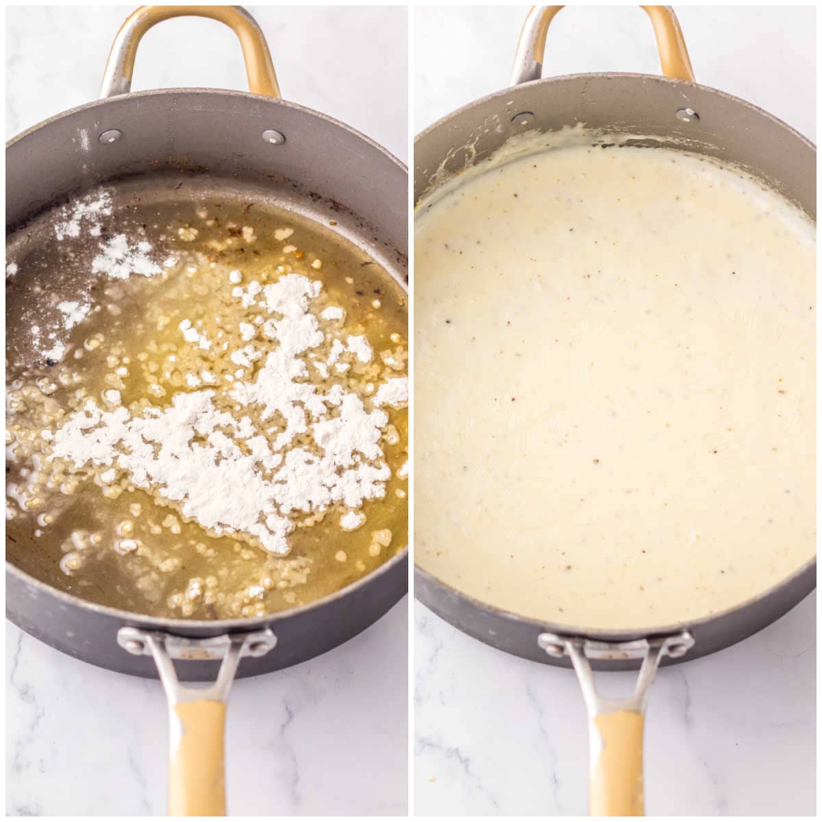 Collage of making the gravy in a pan.