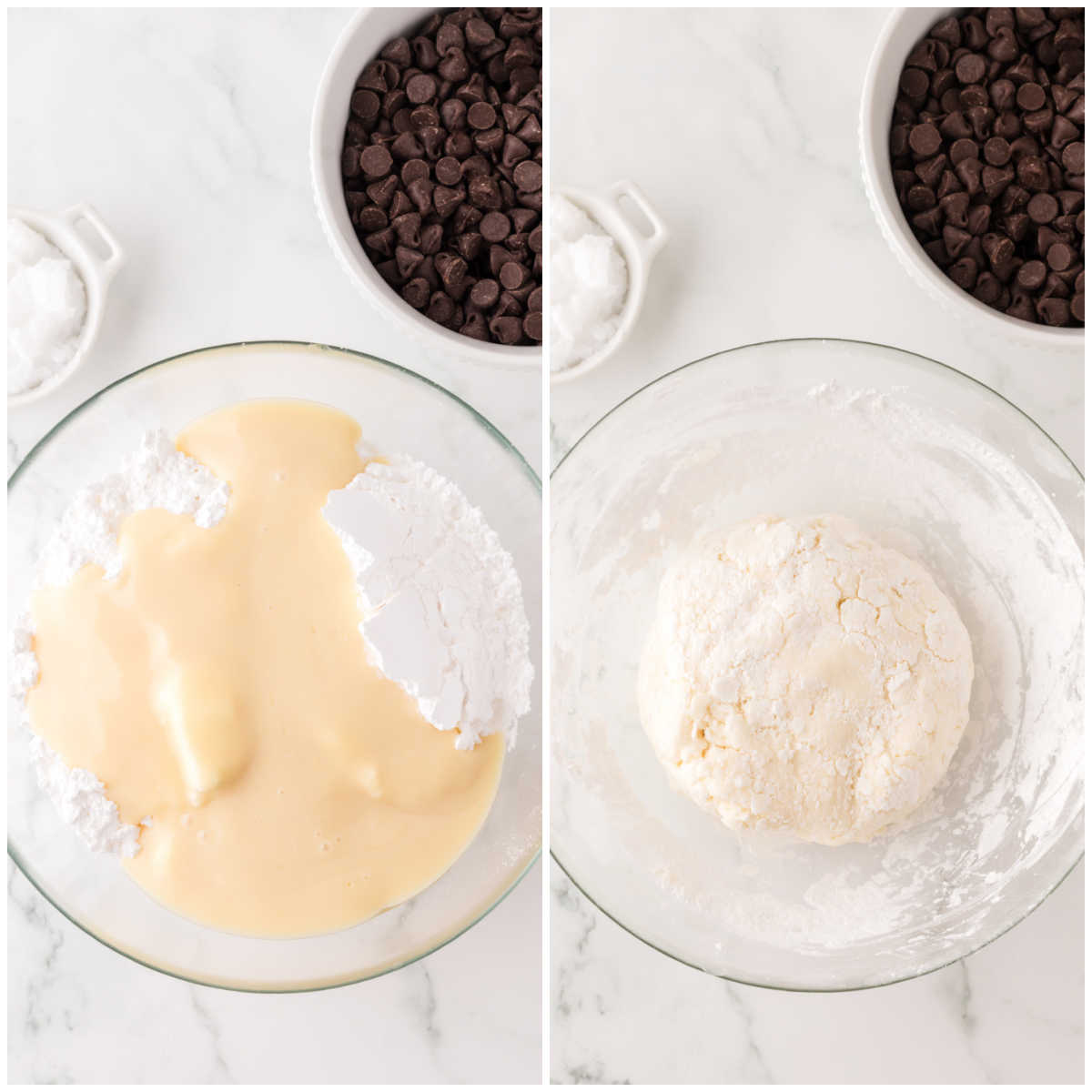 Collage of mixing the peppermint filling in a bowl.