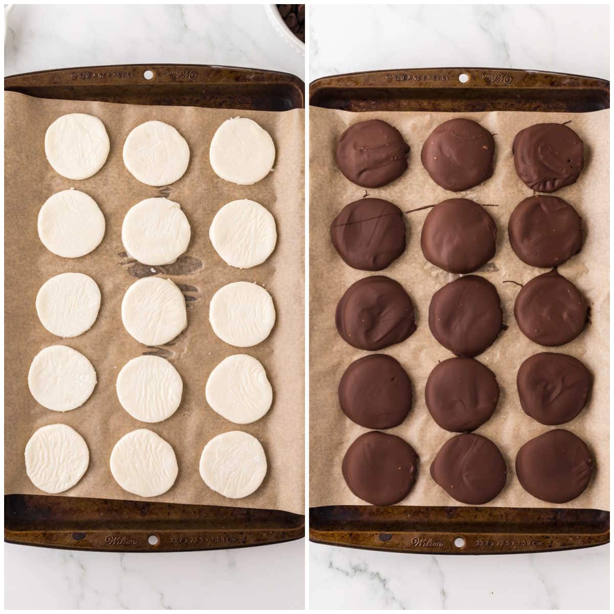 Collage of making the patties on a baking sheet.