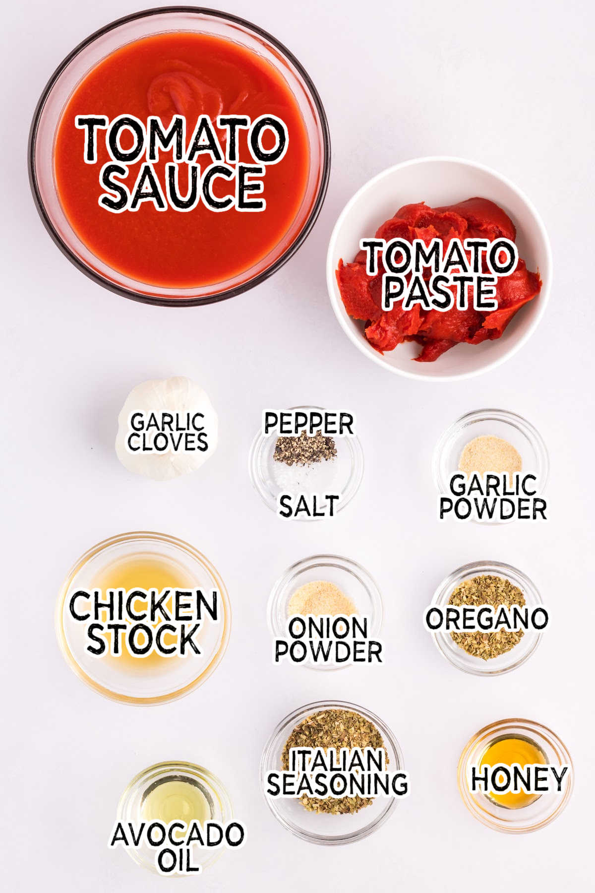 Ingredients on a white surface.