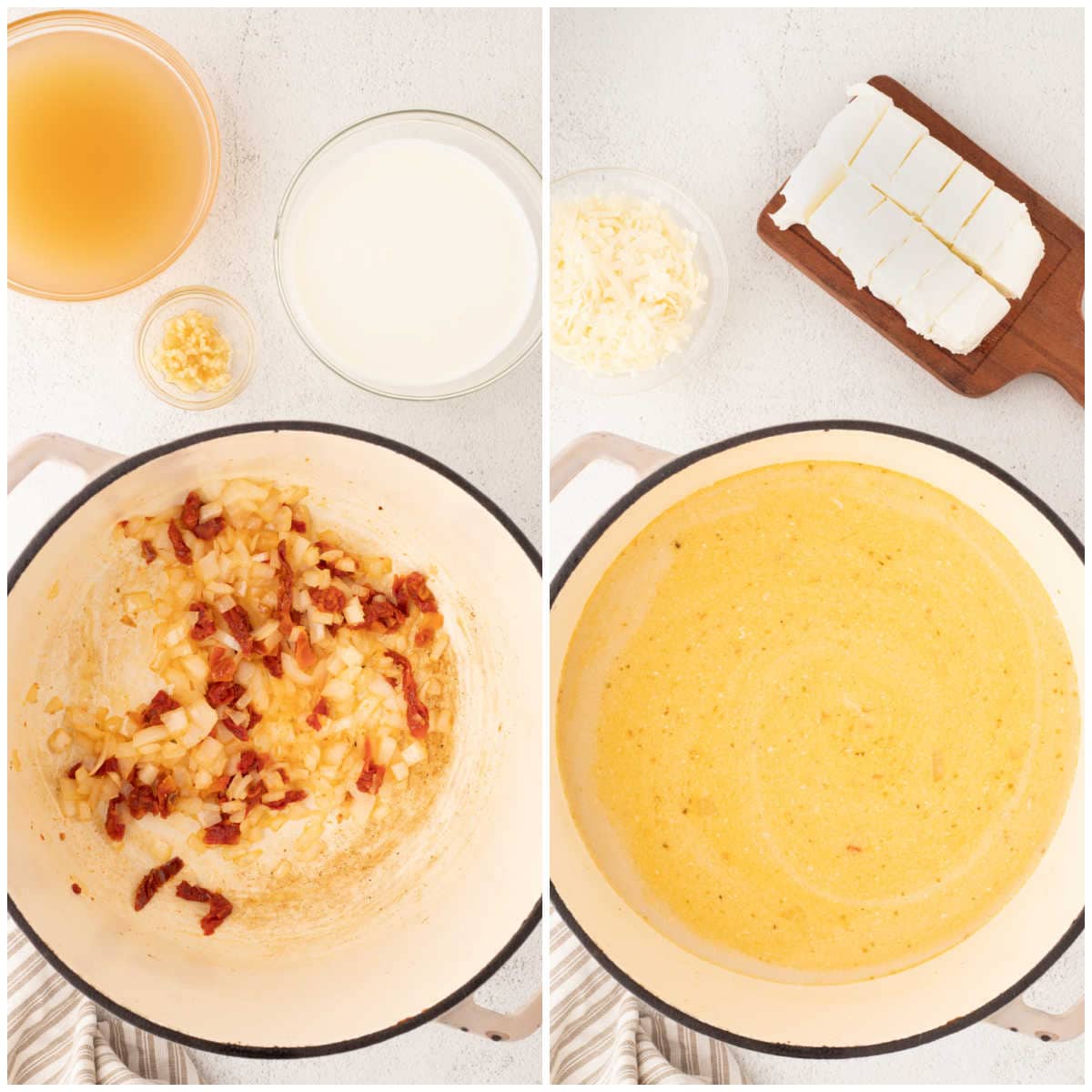 Collage of cooking ingredients in a pot.