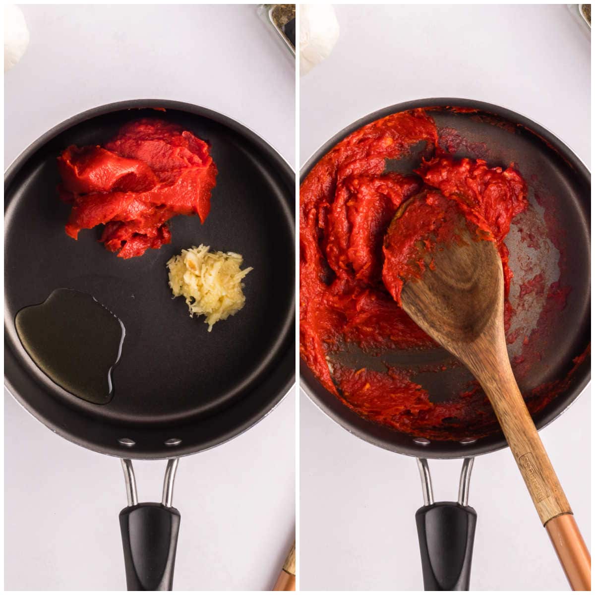 Collage of tomato paste and garlic in a pot.