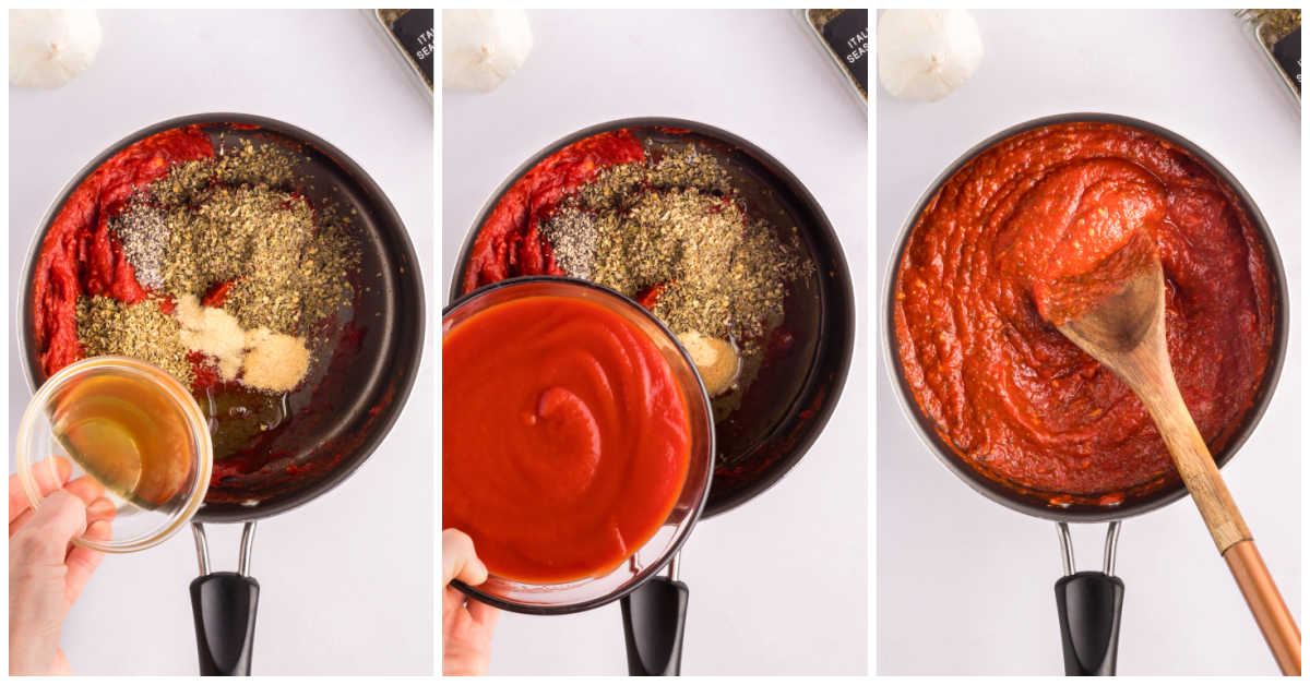 Collage of mixing ingredients in a pot.