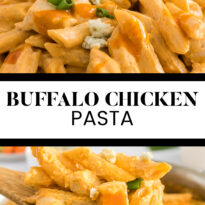 Image of buffalo chicken pasta pin collage.