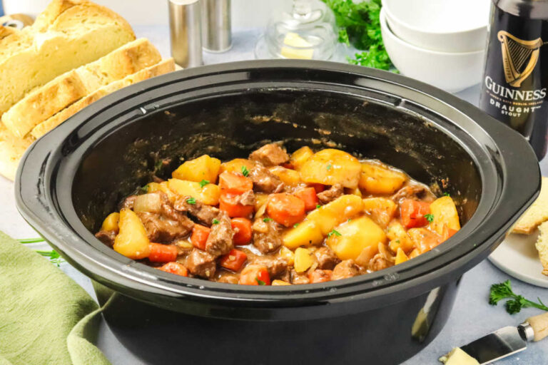 The recipe in a black slow cooker.