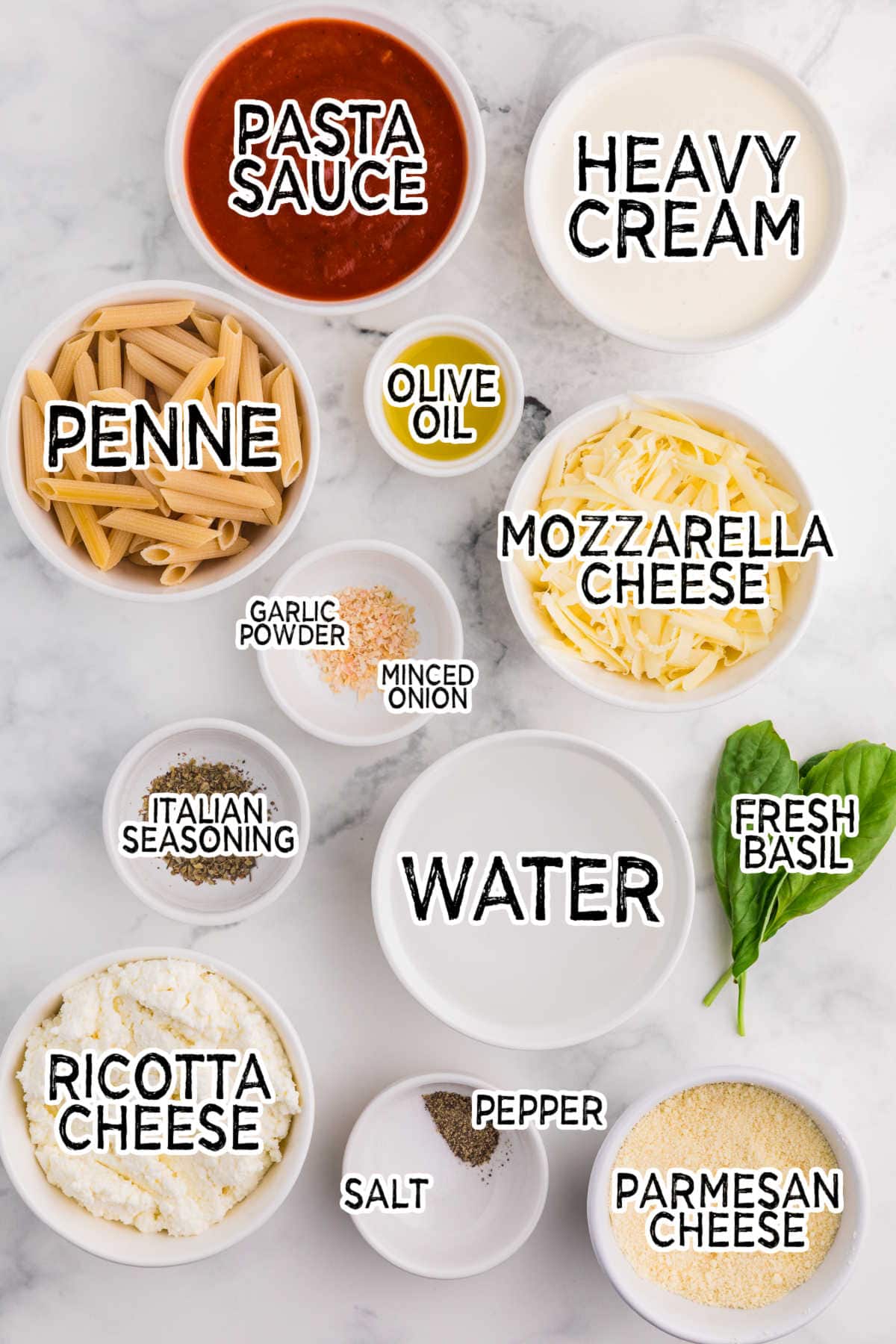 Ingredients on a marble counter.