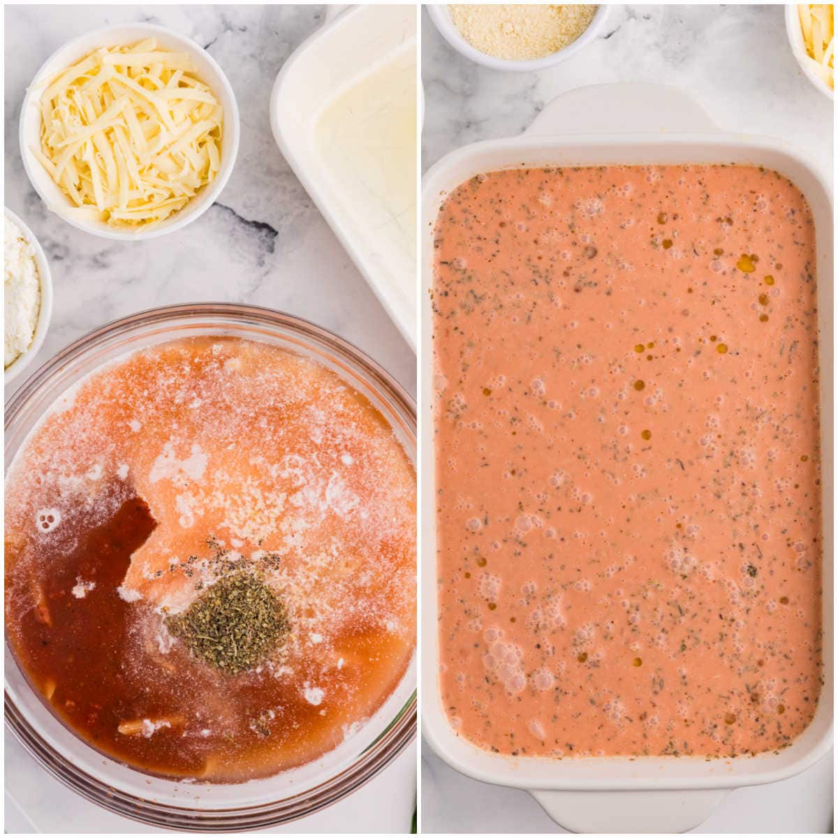 Collage of mixing ingredients in a bowl and adding to a casserole dish.