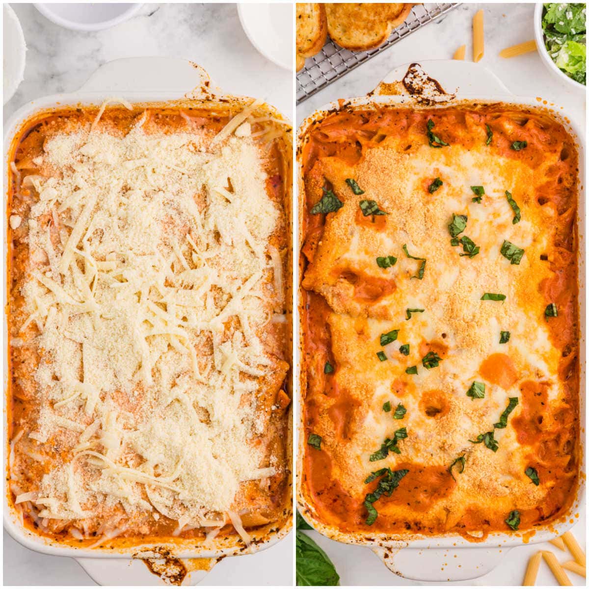 Collage of adding the cheese and baking the recipe.