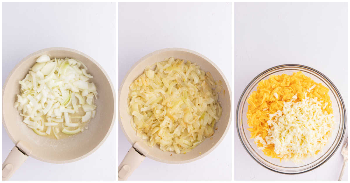 Collage of cooking the onions in a skillet and mixing the cheese in a bowl.