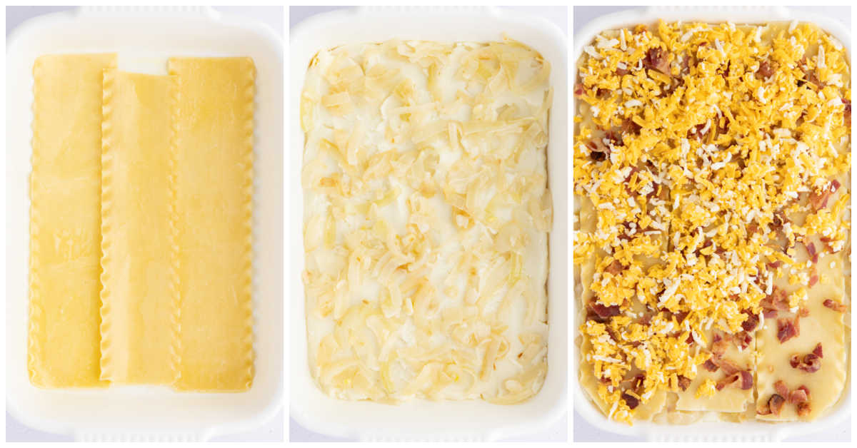 Collage of adding the ingredients in layers to the baking dish.