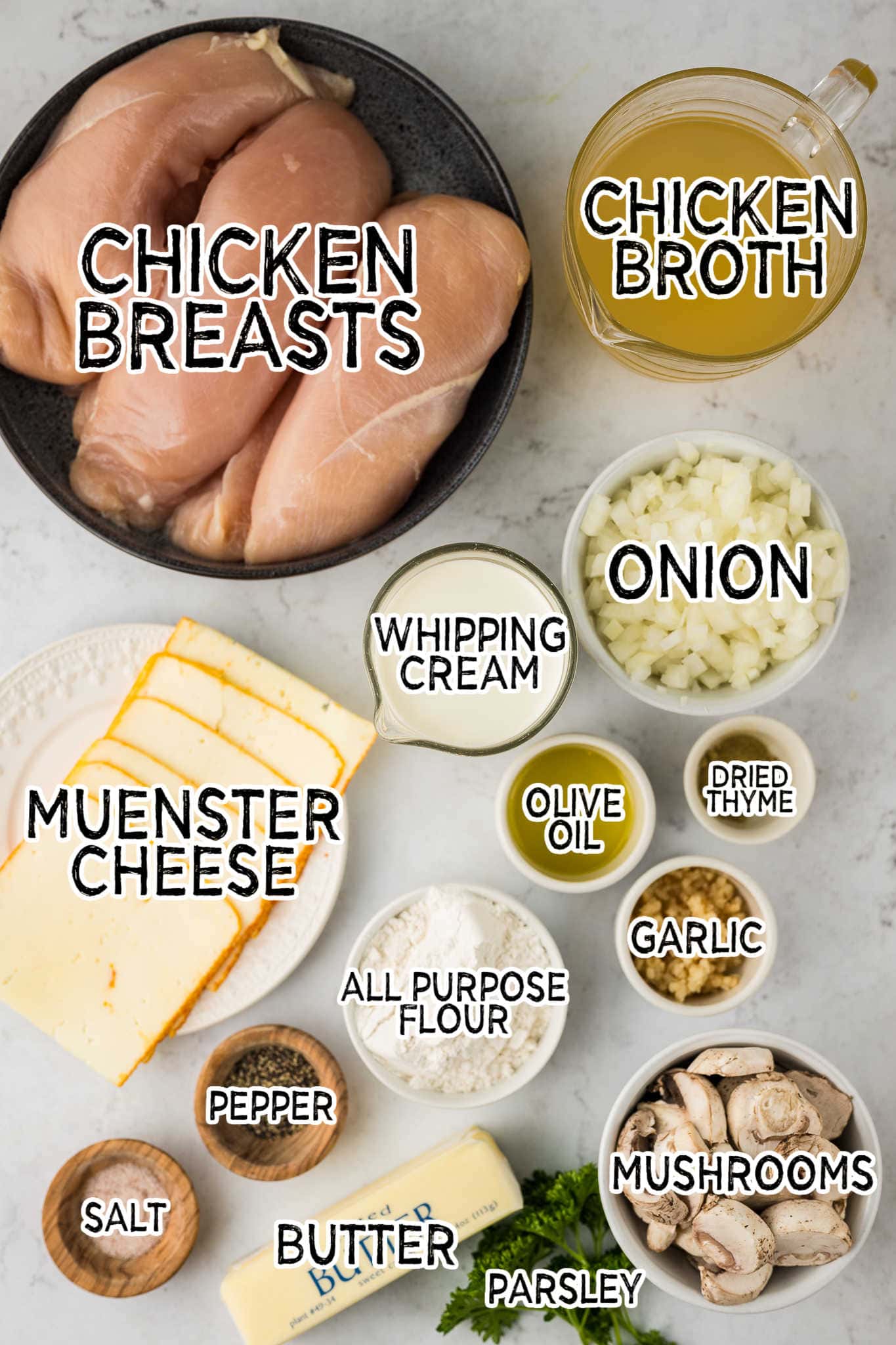 Ingredients on a marble counter.