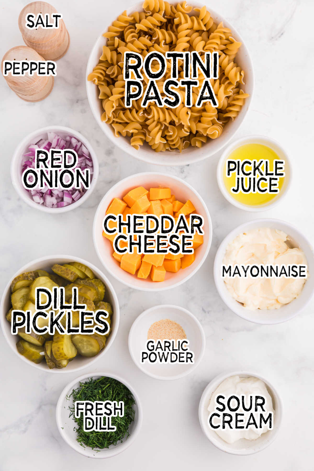 Ingredients on a marble background.