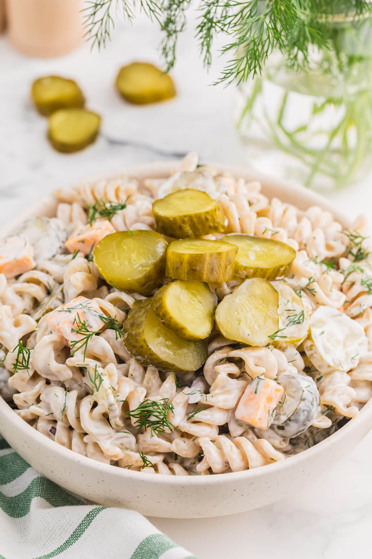 Dill Pickle Pasta Salad in a bowl.