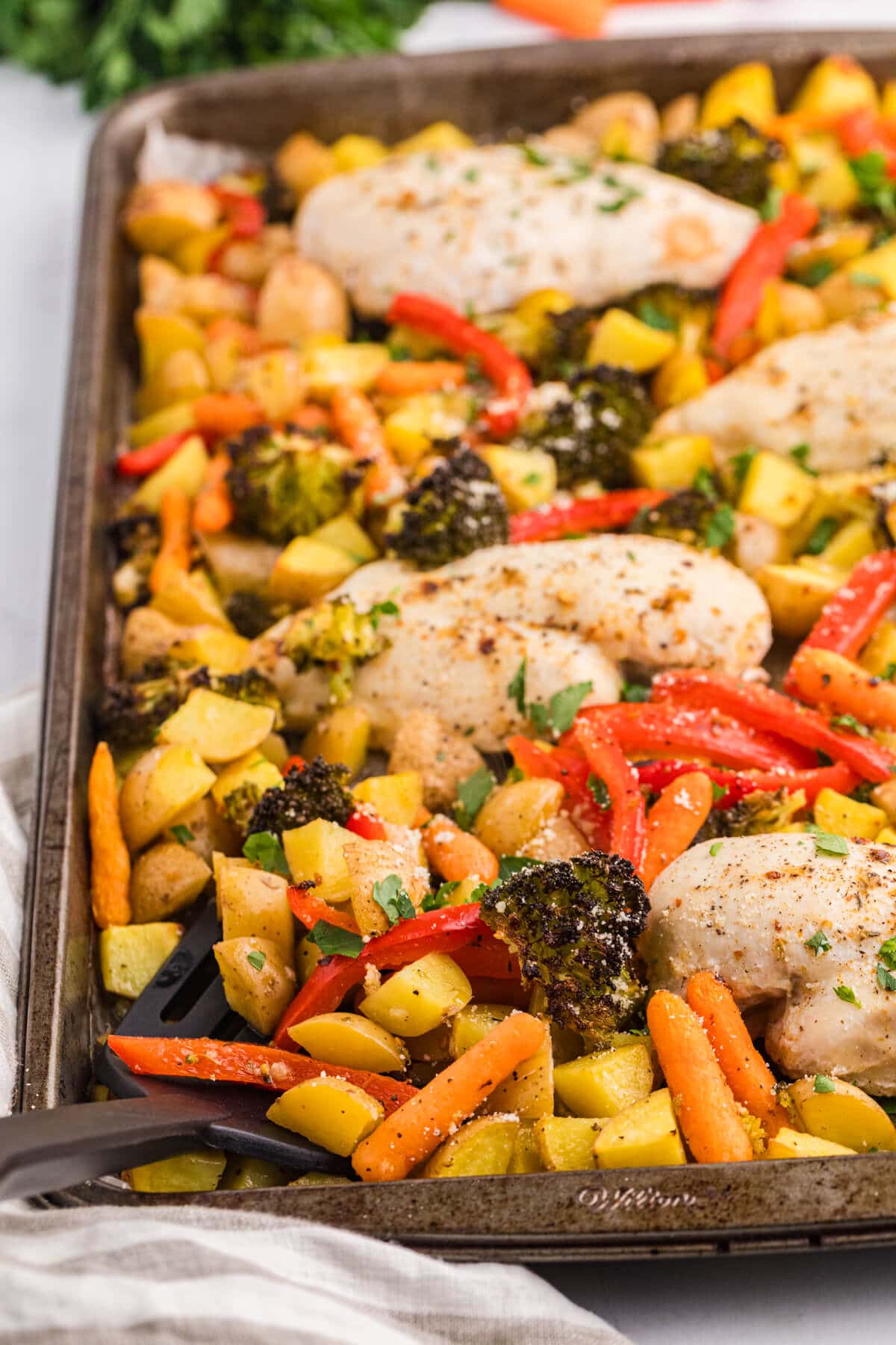 The recipe on a sheet pan.
