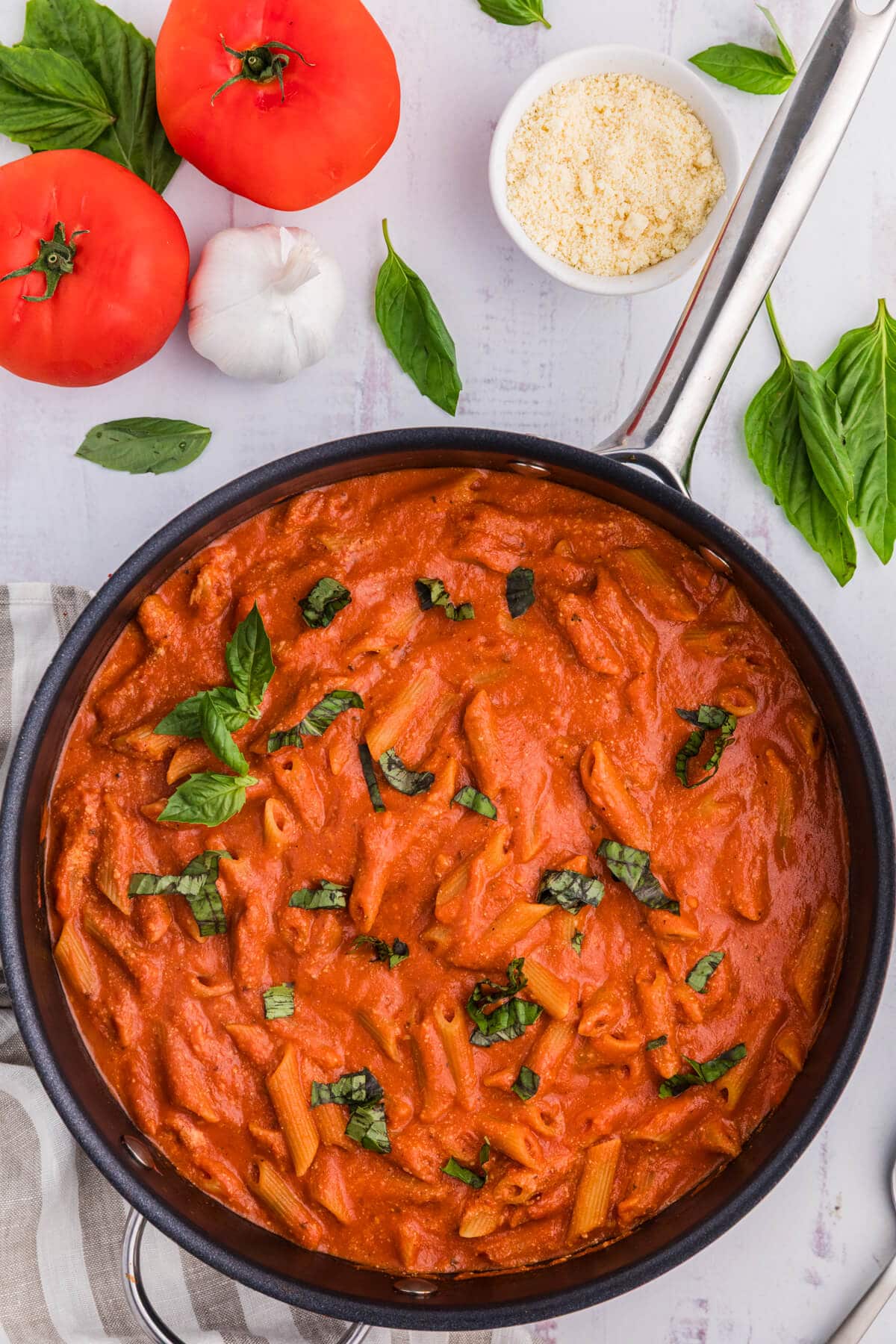 One-Pot Creamy Tomato Pasta in a skillet.